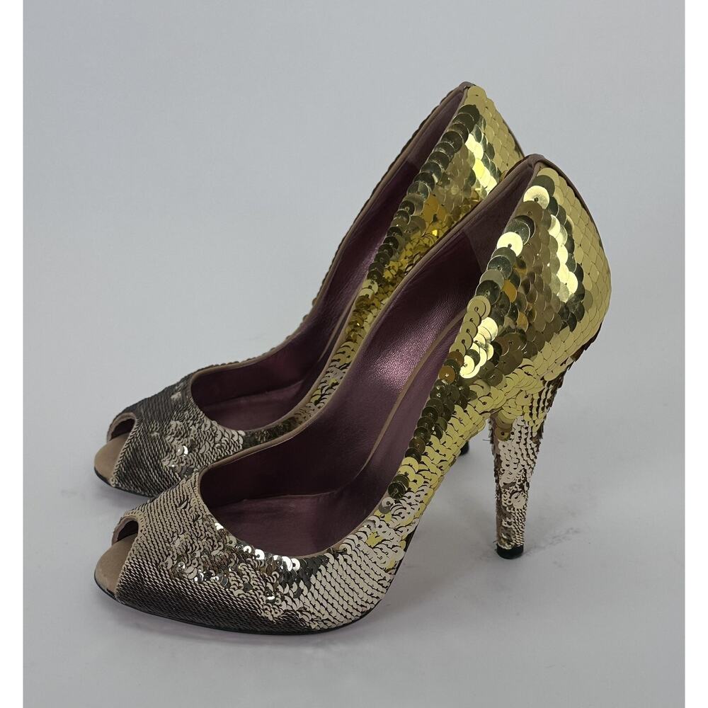 Miu Miu Gold Sequin Open Toe Heels Made In Italy … - image 6